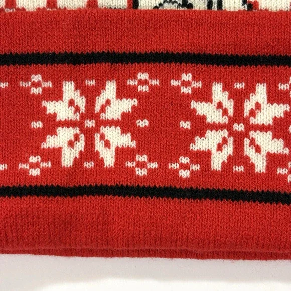 Snoopy Peanuts Pom Beanie Hat Woodstock One Size Stretch New Red White Sledding - Picture 2 of 9